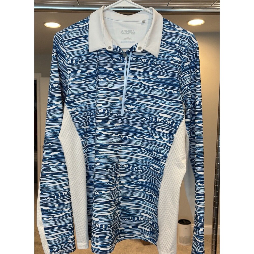 CUTTER & BUCK Annika Blue White DryTec 50+ Button Stretch Polo Shirt Size Large